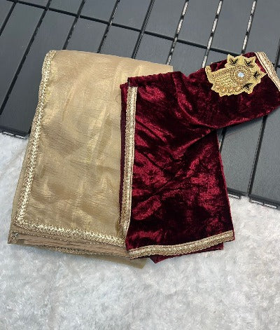 Gold Tissue Saree with Readymade Stitched Blouse
