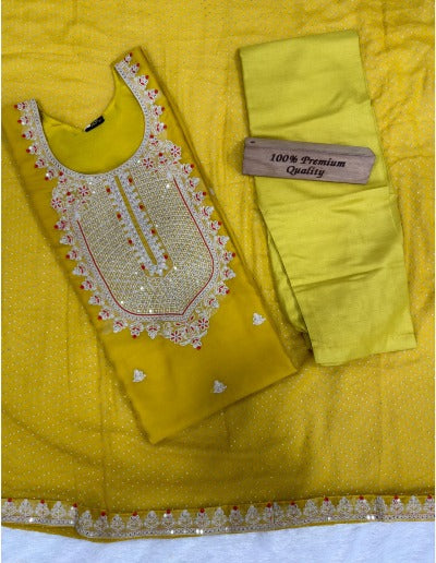 Yellow Pure Organza Embroidered Salwar Suit Set