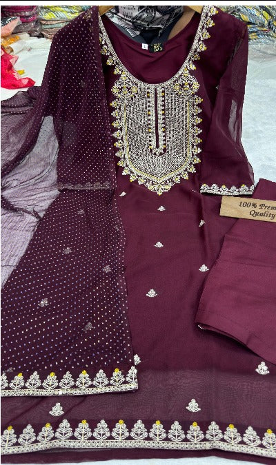 Wine Pure Organza Embroidered Salwar Suit Set