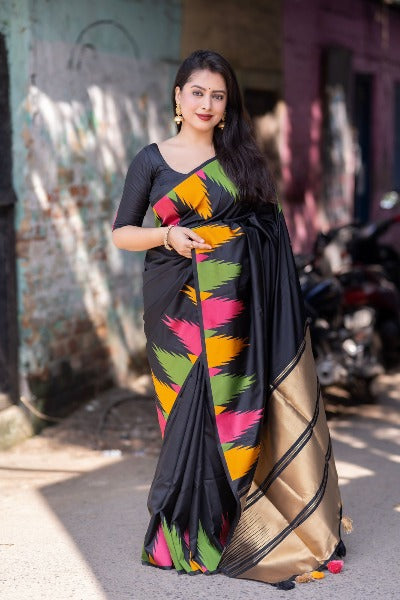 Black Soft Silk Temple Woven Saree