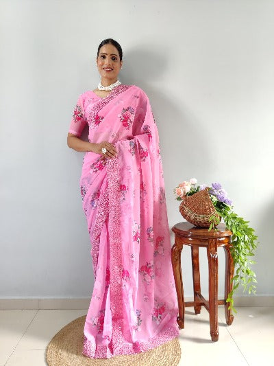 1 Min Pink Georgette Digital Print Embroidered Readymade Stitched Saree