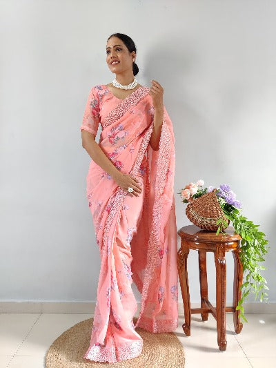 1 Min Peach Georgette Digital Print Embroidered Readymade Stitched Saree
