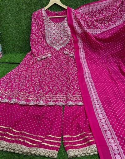 Pink Cotton Intricate Embroidered Sharara Kurti Dupatta Set