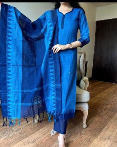 Blue South Handloom Cotton Temple Border Salwar Suit Set