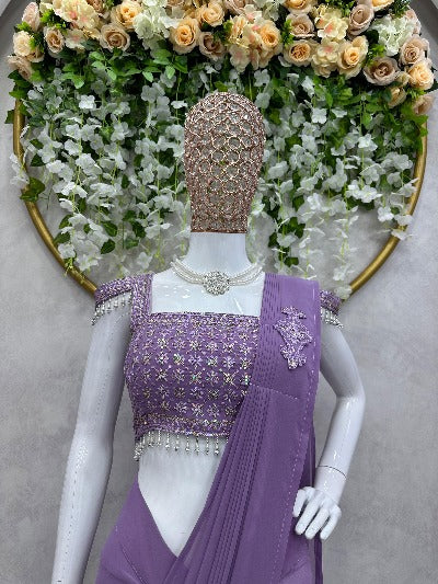 1 Min Lilac Georgette Ruffle Stitched Readymade Saree And Blouse