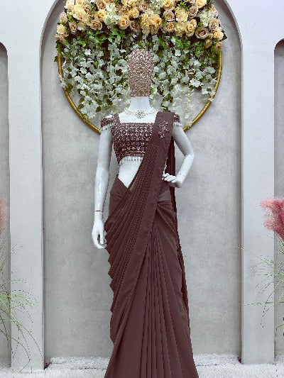 1 Min Brown Georgette Ruffle Stitched Readymade Saree And Blouse