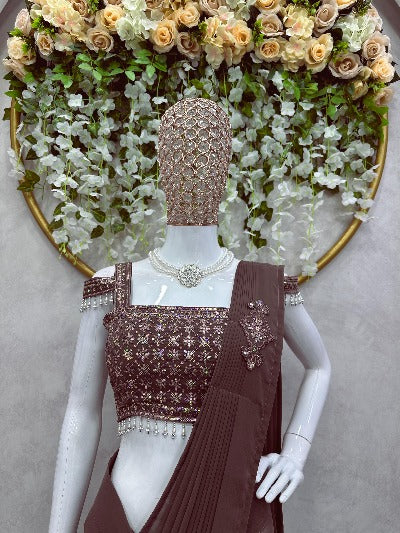 1 Min Brown Georgette Ruffle Stitched Readymade Saree And Blouse