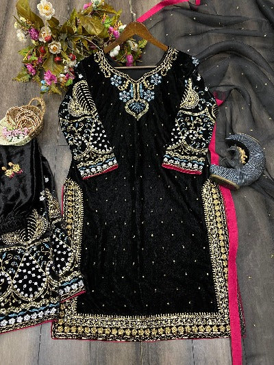Designer Partywear Black Velvet Rich Salwar Suit Set