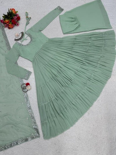 Pastel Green Georgette Flair Anarkali Suit Set