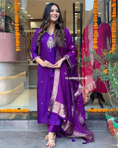 Purple Cotton Adda Hand Work Salwar Suit Set