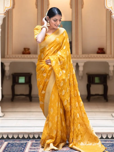 Yellow Banarasi Khadi Georgette Saree