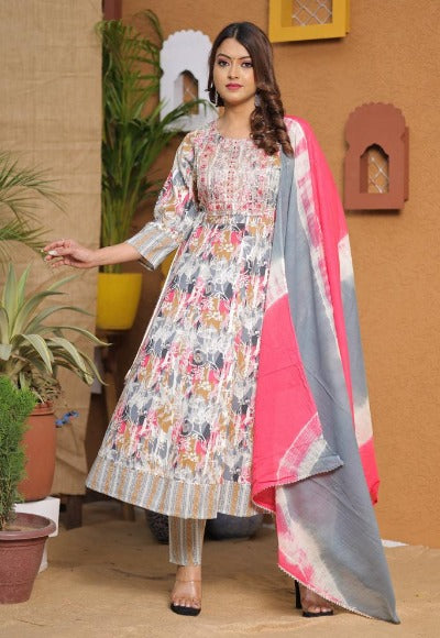 Multicolour Floral Cotton Anarkali Suit Set
