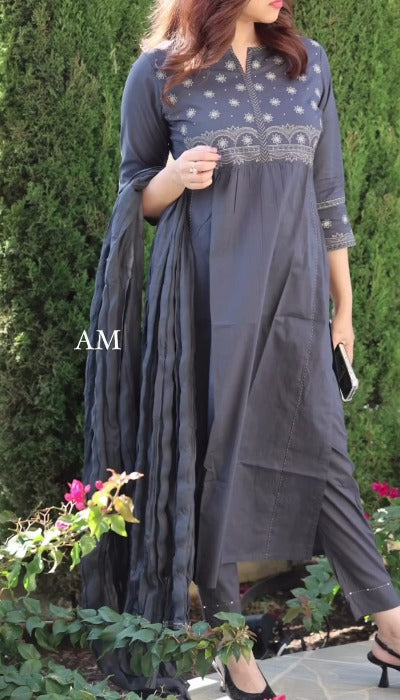 Grey Cotton Embroidered Salwar Suit Set