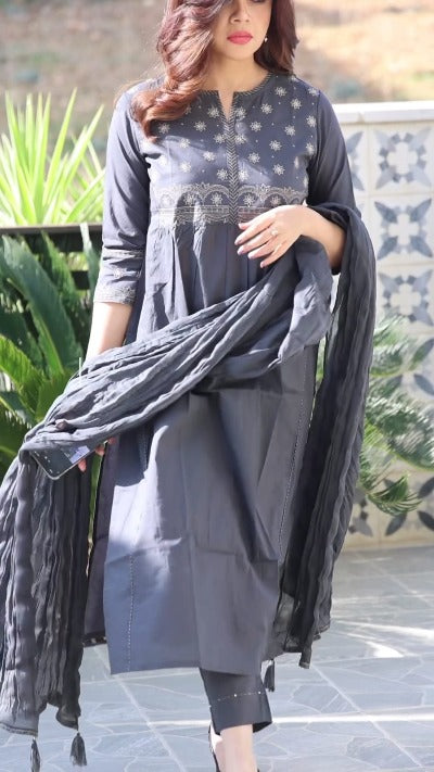 Grey Cotton Embroidered Salwar Suit Set