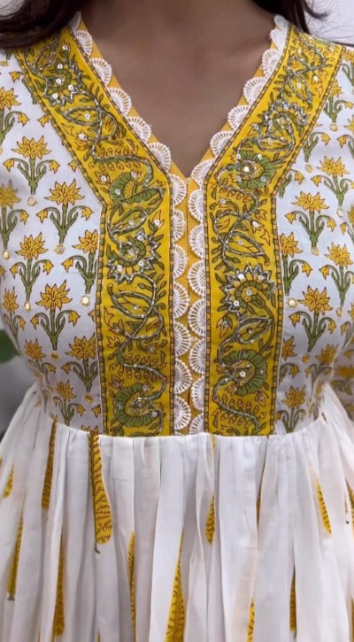 Yellow & White Cambric Cotton Mughal Motif Printed Anarkali Suit