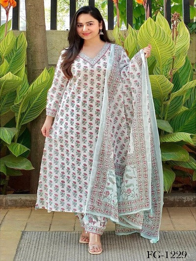 White Digital Print Floral Cotton Afghani Salwar Suit Set