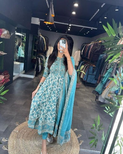 Turquoise Blue Adda Work Detailing Cotton Anarkali Suit Set