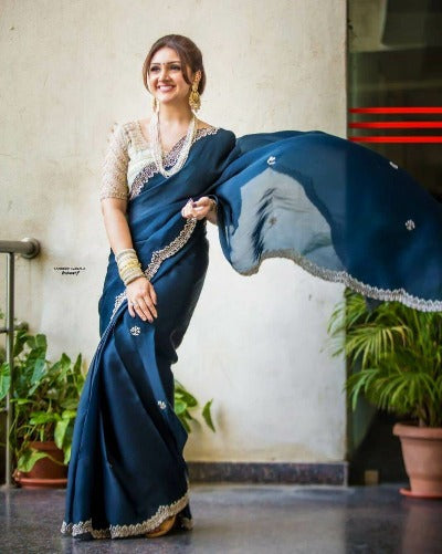 Peacock Blue Georgette Saree With Readymade Stitched Blouse