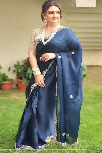 Peacock Blue Georgette Saree With Readymade Stitched Blouse