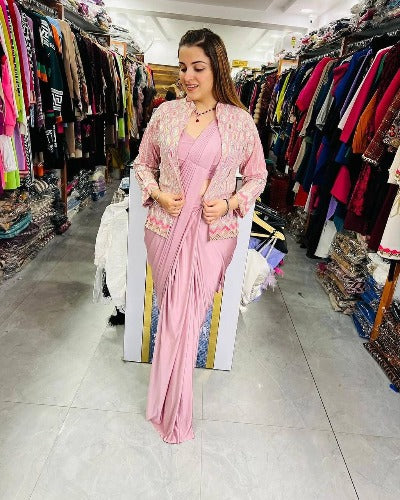 1 Min Pink Satin Silk Stitched Readymade Saree With Jacket