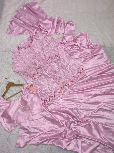 1 Min Pink Satin Silk Stitched Readymade Saree With Jacket