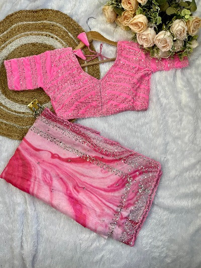 Pink Pure Soft Rangoli Silk Saree With Readymade Stitched Blouse