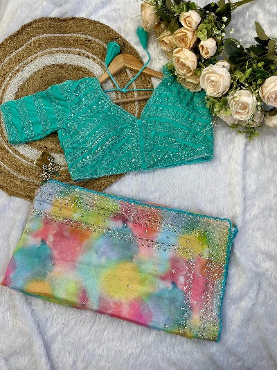 Turquoise Multicolour Pure Soft Rangoli Silk Saree With Readymade Stitched Blouse
