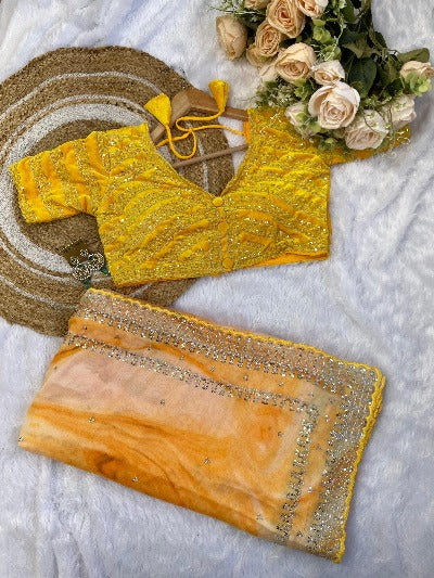 Yellow Pure Soft Rangoli Silk Saree With Readymade Stitched Blouse