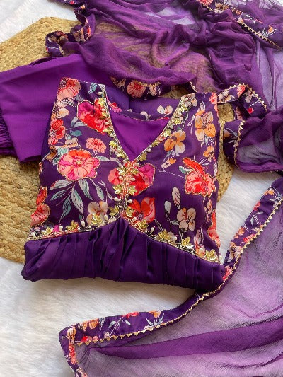 Purple Alia Cut Cotton Lily Print Anarkali Suit Set