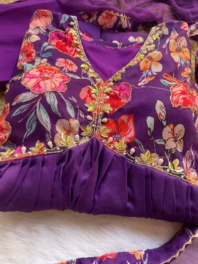 Purple Alia Cut Cotton Lily Print Anarkali Suit Set