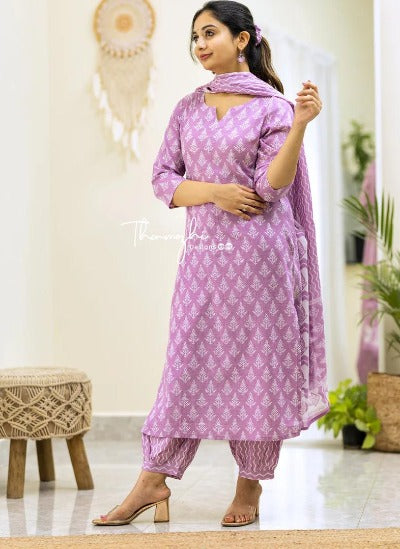 Lilac Cotton Sanganeri Print Straight Salwar Suit Set