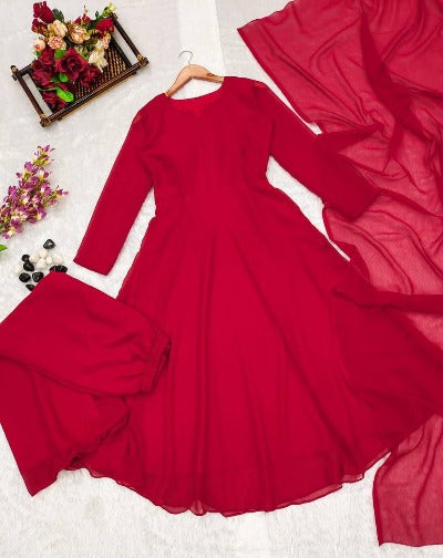 Red Faux Georgette Flowy Anarkali Suit Set