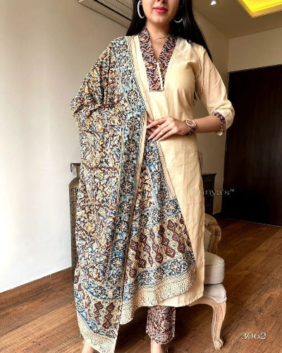 Cream Cotton Salwar Suit With Printed Malmal Dupatta