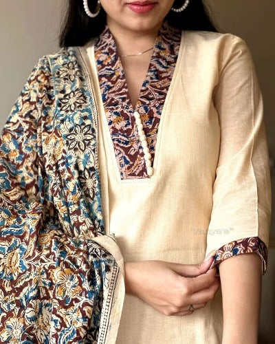 Cream Cotton Salwar Suit With Printed Malmal Dupatta
