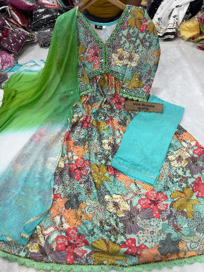 Blue Floral Alia Cut Foil Mirror Cotton Anarkali Suit Set