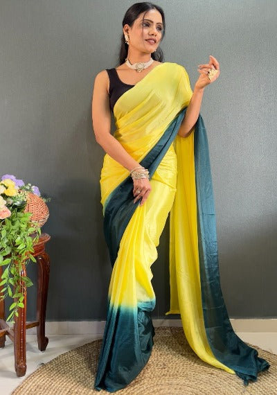 1 Min Alia Bhatt Style Yellow Soft Chinnon Stitched Readymade Saree