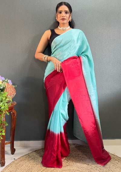 1 Min Alia Bhatt Style Aqua Blue Soft Chinnon Stitched Readymade Saree