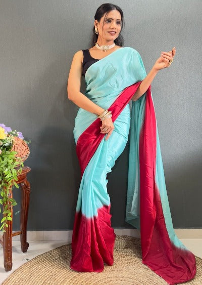 1 Min Alia Bhatt Style Aqua Blue Soft Chinnon Stitched Readymade Saree
