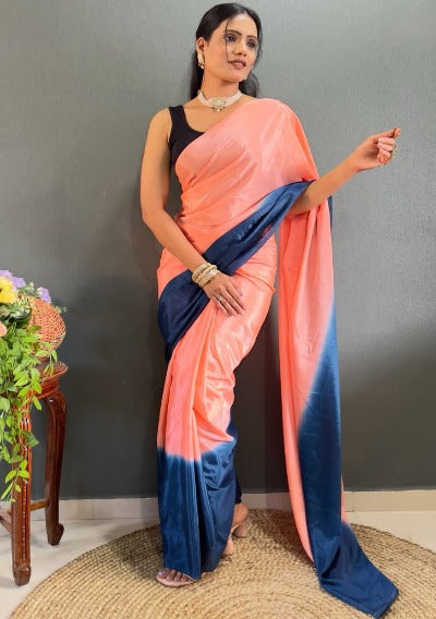 1 Min Alia Bhatt Style Peach Soft Chinnon Stitched Readymade Saree