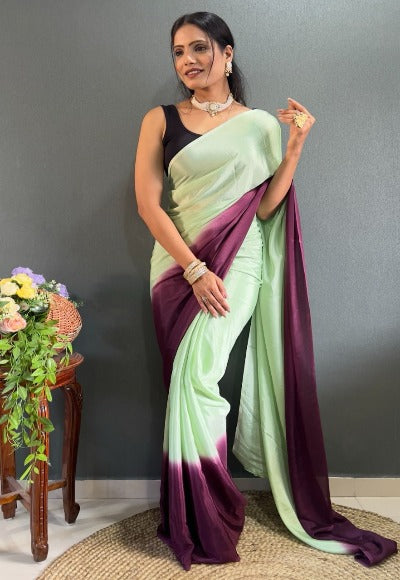 1 Min Alia Bhatt Style Pista Green Soft Chinnon Stitched Readymade Saree