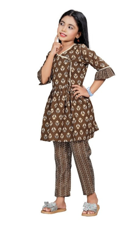 Brown Kids Girls Cotton Punjabi Suit Set of 2