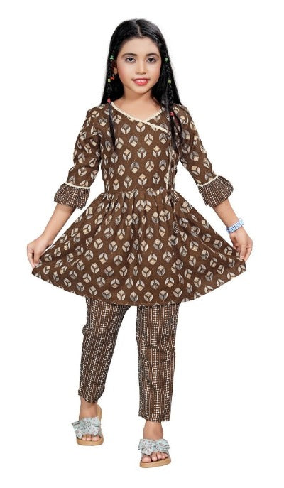 Brown Kids Girls Cotton Punjabi Suit Set of 2
