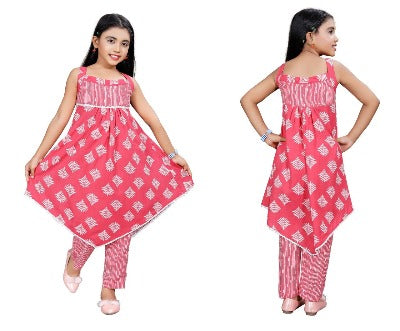 Pink Kids Girls Cotton Punjabi Suit Set of 2