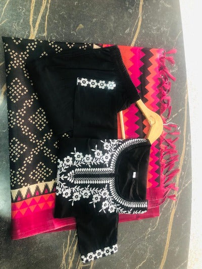 Black Cotton Embroidered Salwar Suit Set With Silk Dupatta
