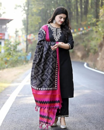 Black Cotton Embroidered Salwar Suit Set With Silk Dupatta