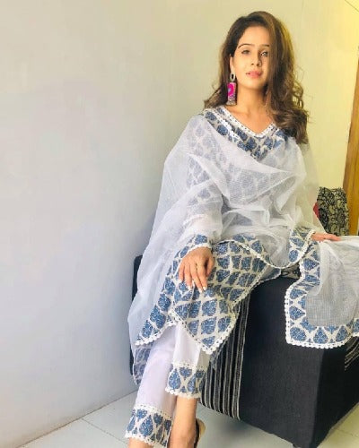 Blue & White Printed Cotton Salwar Suit Set