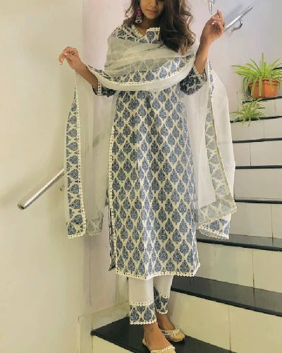 Blue & White Printed Cotton Salwar Suit Set
