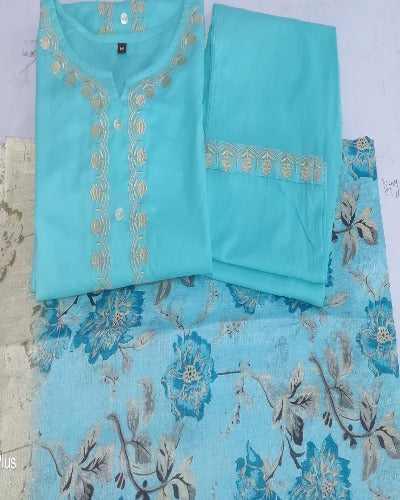 Blue Cotton Resham Threadwork Salwar Suit Set