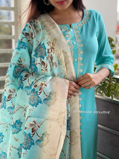 Blue Cotton Resham Threadwork Salwar Suit Set