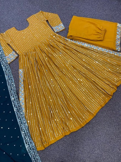 Mustard Anarkali Gold Embroidery Gown Set of 3
